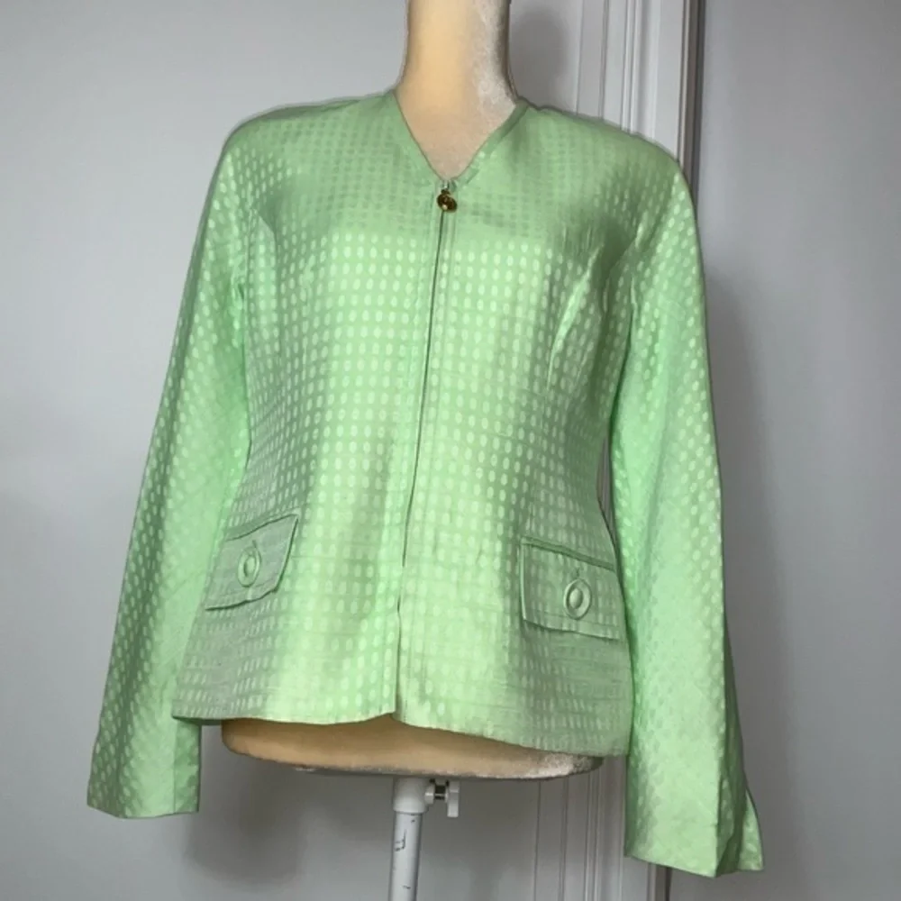 Vintage Christian Dior Zip-Up Long Sleeve Blazer Green and White Sz 8P Designer
